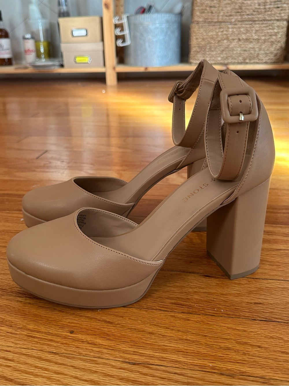 Sun + Stone Pump Ankle Strap Block Heel Platform Birdey in Nude
